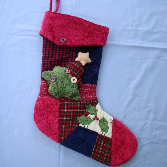 Nice 18" Stocking Farmhouse Patchwork Christmas Embellished Buffalo Check Fabric - Picture 9 of 14